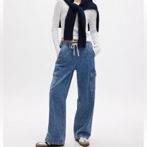 Wax Jean Mid Blue Wide-Leg Flare Cargo Jeans